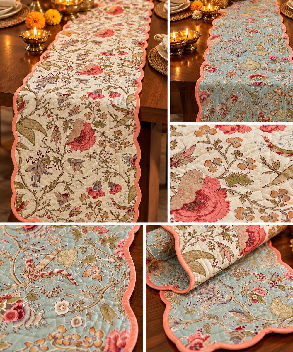 Coral Blossom Reversible Quilted Cotton Table Runner – 16 × 72 Inches | 40.6 × 182.9 cm | 1 Piece