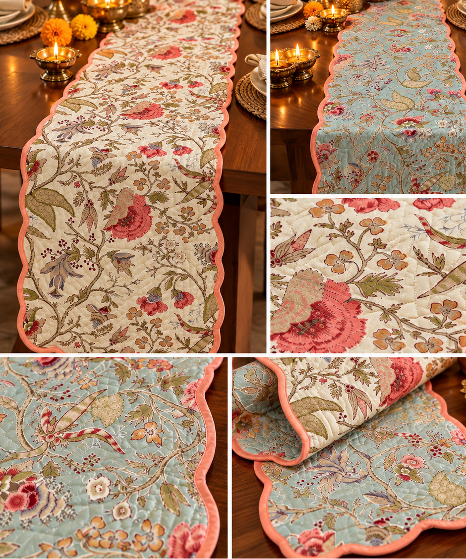 Coral Blossom Reversible Quilted Cotton Table Runner – 16 × 72 Inches | 40.6 × 182.9 cm | 1 Piece
