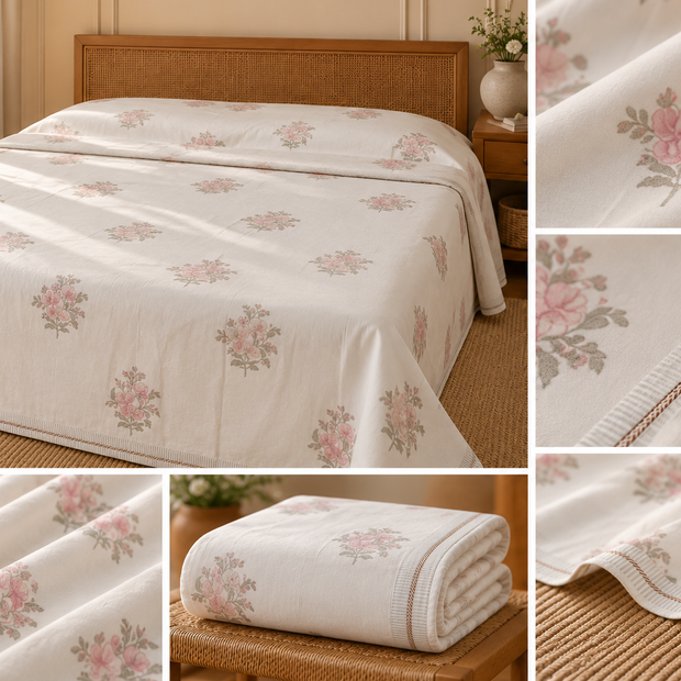 Muslin Luxe Collection – Vintage Rosewood Floral Muslin Dohar – Standard King Size (240 × 260 cm / 90 × 102 inches) | Muslin Cotton Outer Layer | Lightweight All-Season Comfort
