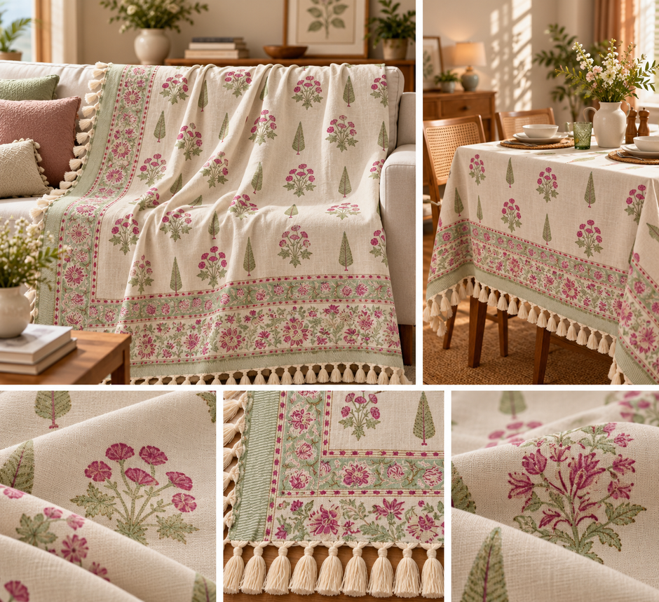 Gulab Leaf Garden Jute Slub Cotton Block Printed Multi-Use Throw – 175 × 130 cm | Sofa Throw, Table Cloth &amp; Decorative Home Layer