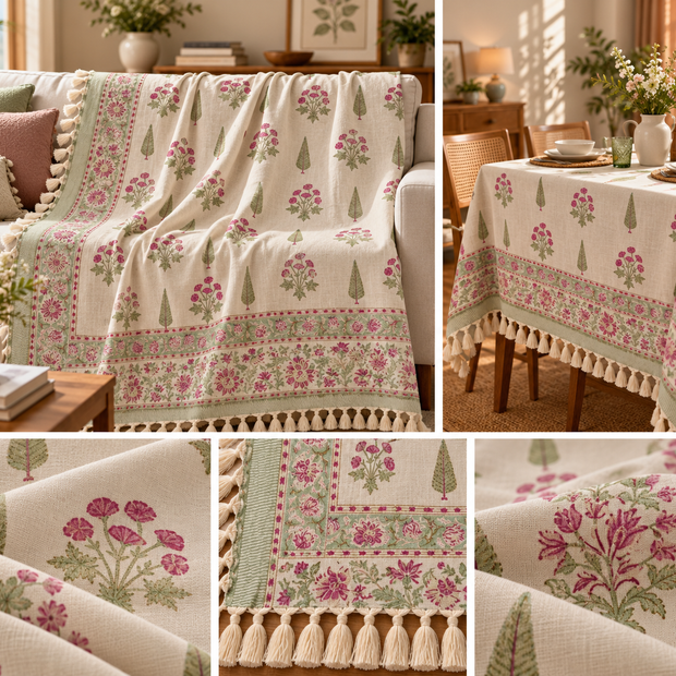 Gulab Leaf Garden Jute Slub Cotton Block Printed Multi-Use Throw – 175 × 130 cm | Sofa Throw, Table Cloth &amp; Decorative Home Layer