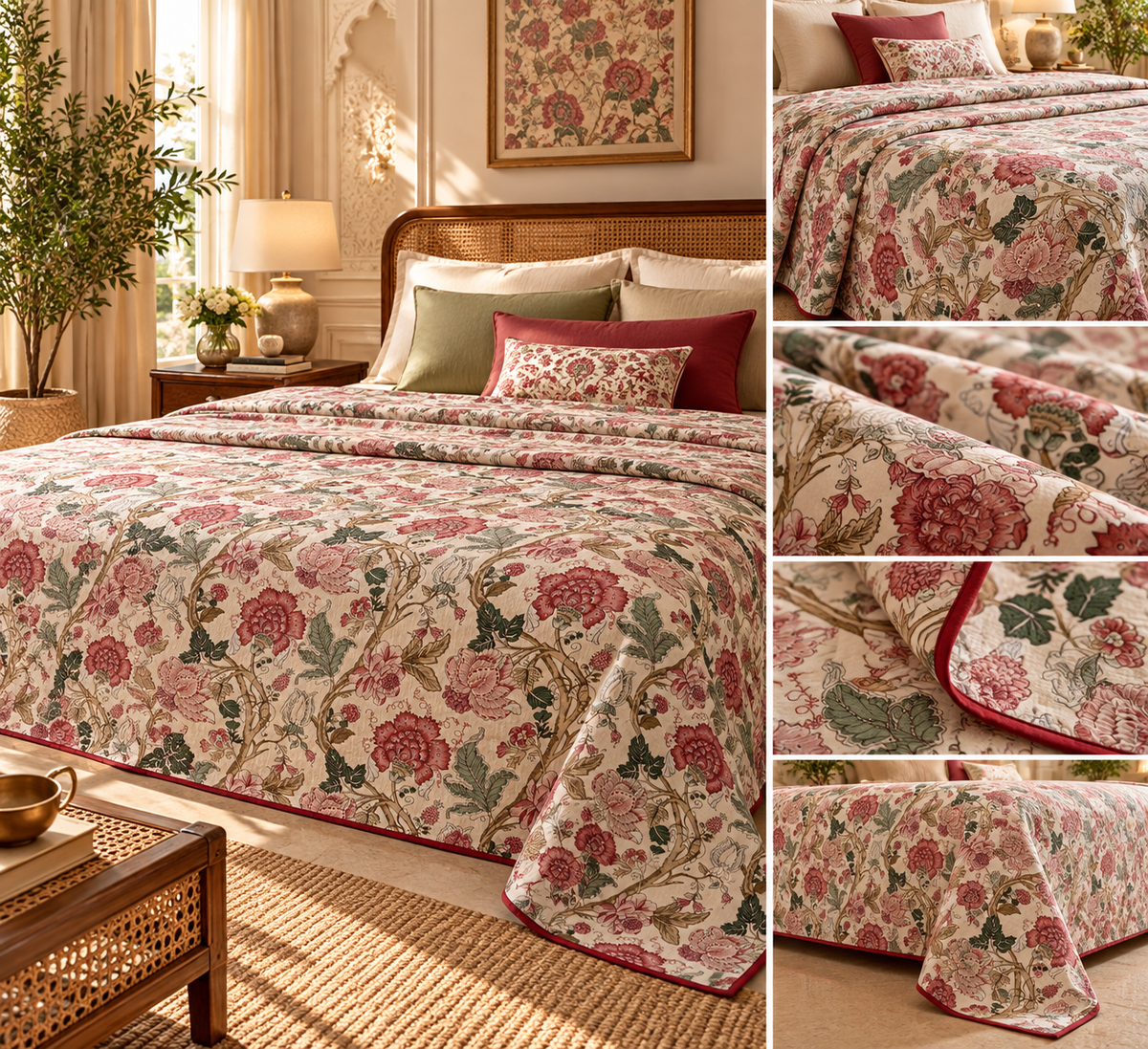 Rosewood Garden Jaipuri Floral Muslin Dohar – Standard King Size (90 x 102 inches) | Muslin Cotton | Lightweight All-Season Comfort