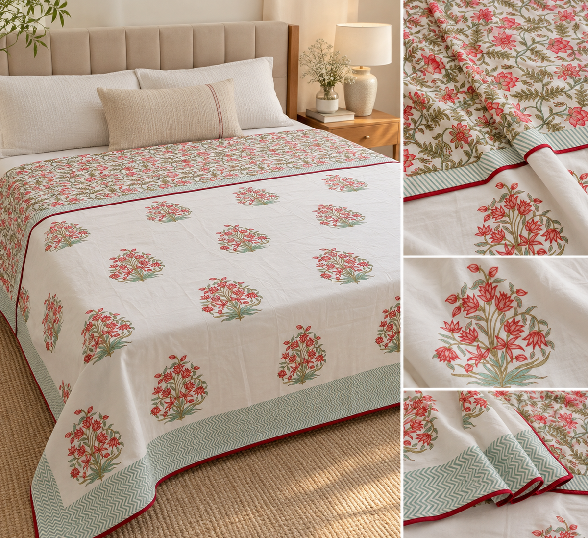 Blush Botanical Bouquet Muslin Dohar – Standard King Size (229 x 259 cm / 90 x 102 inches) | Muslin Cotton | Lightweight All-Season Comfort