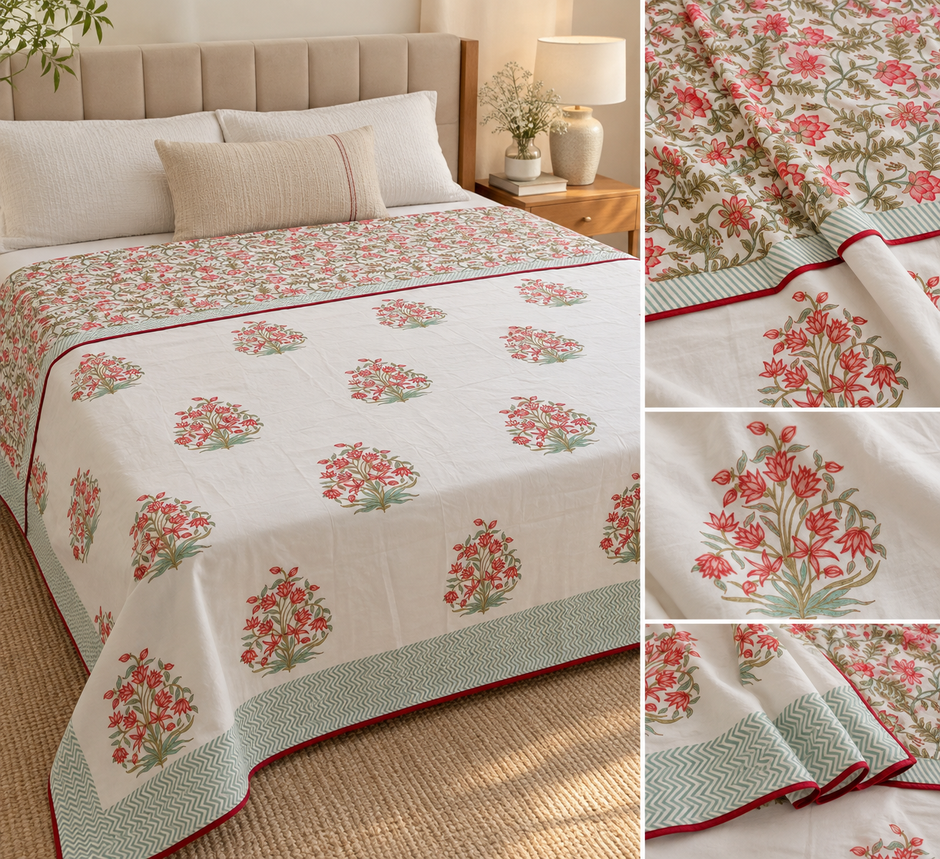 Blush Botanical Bouquet Muslin Dohar – Standard King Size (229 x 259 cm / 90 x 102 inches) | Muslin Cotton | Lightweight All-Season Comfort