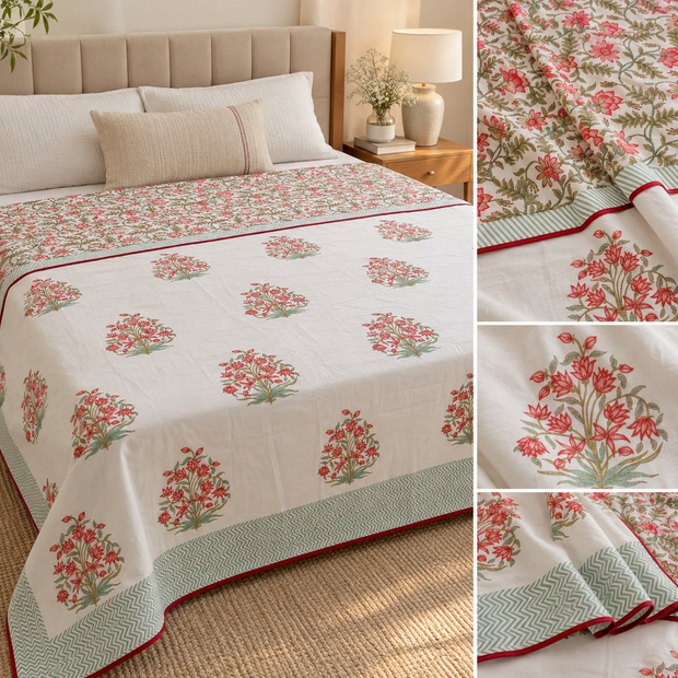 Blush Botanical Bouquet Muslin Dohar – Standard King Size (229 x 259 cm / 90 x 102 inches) | Muslin Cotton | Lightweight All-Season Comfort
