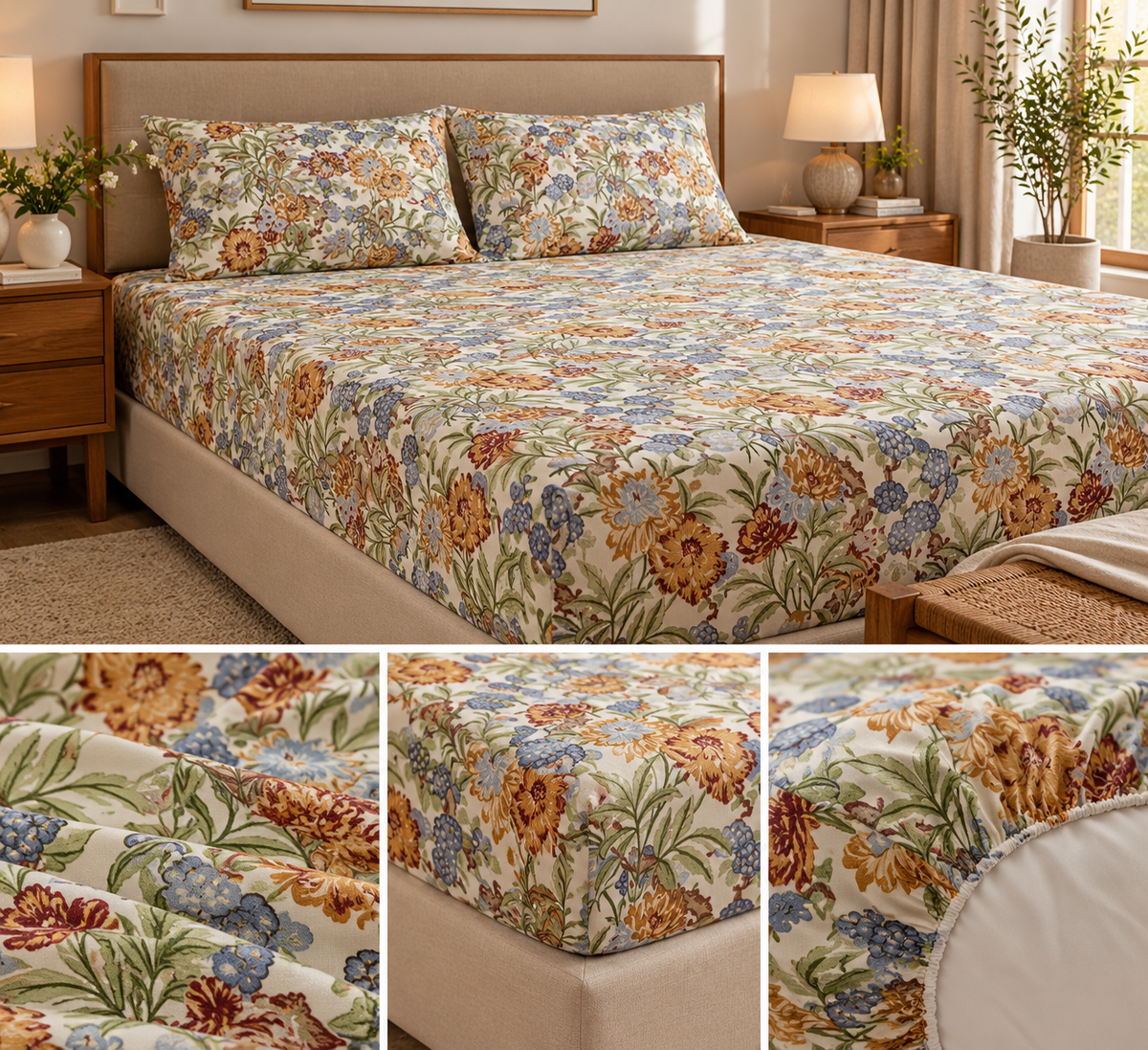 Blueberry Bloom Haven – King Size Fitted Sheet Set (210 × 200 cm + 30 cm Depth) | 100% Jaipuri Cotton | All-Over Print | Includes 2 Pillow Covers
