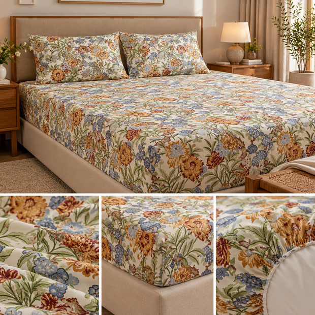 Blueberry Bloom Haven – King Size Fitted Sheet Set (210 × 200 cm + 30 cm Depth) | 100% Jaipuri Cotton | All-Over Print | Includes 2 Pillow Covers