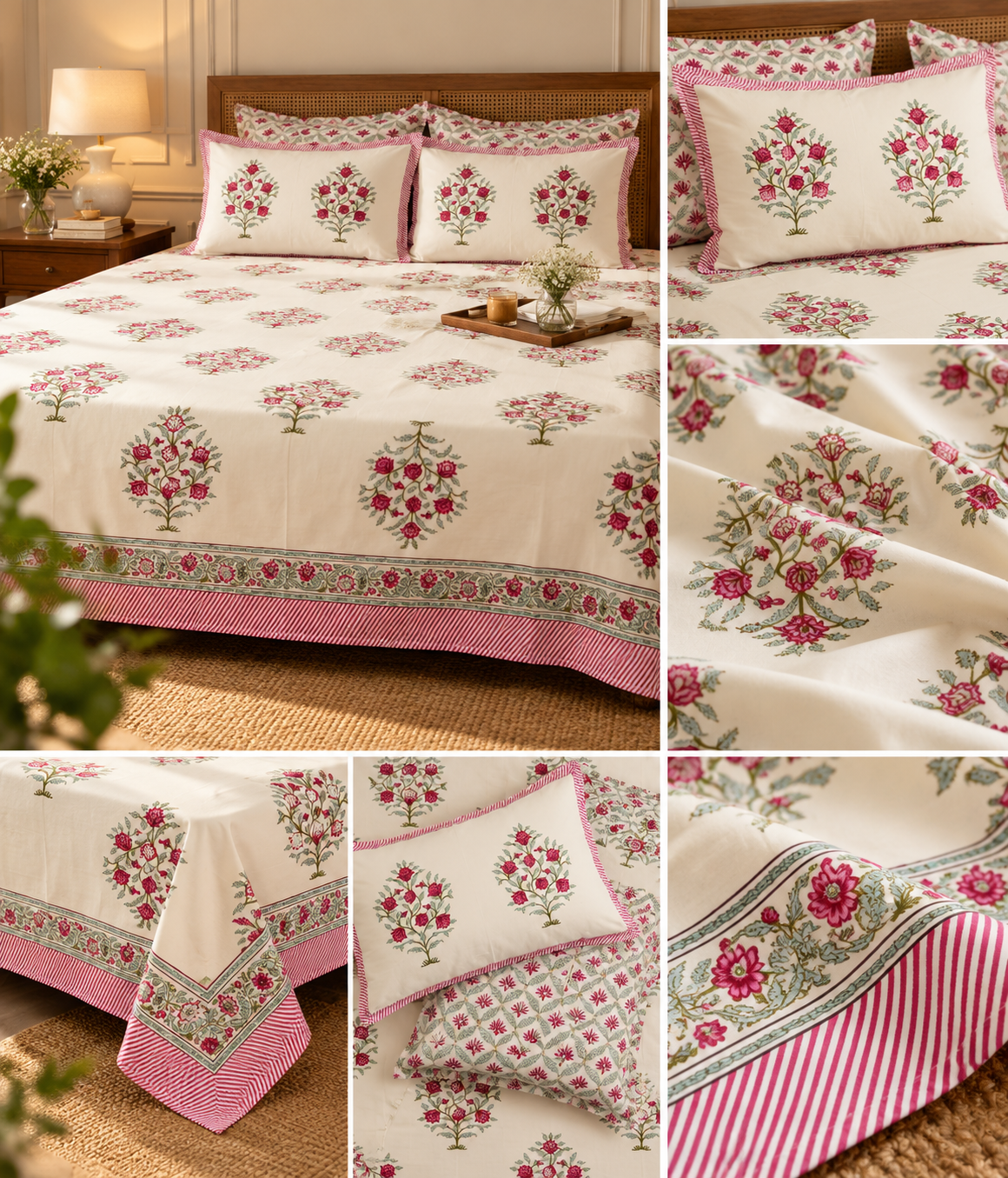Gulbahar Rose Garden – Super King Size Bedsheet | 100% Pure Cotton | Floral Block Print Design