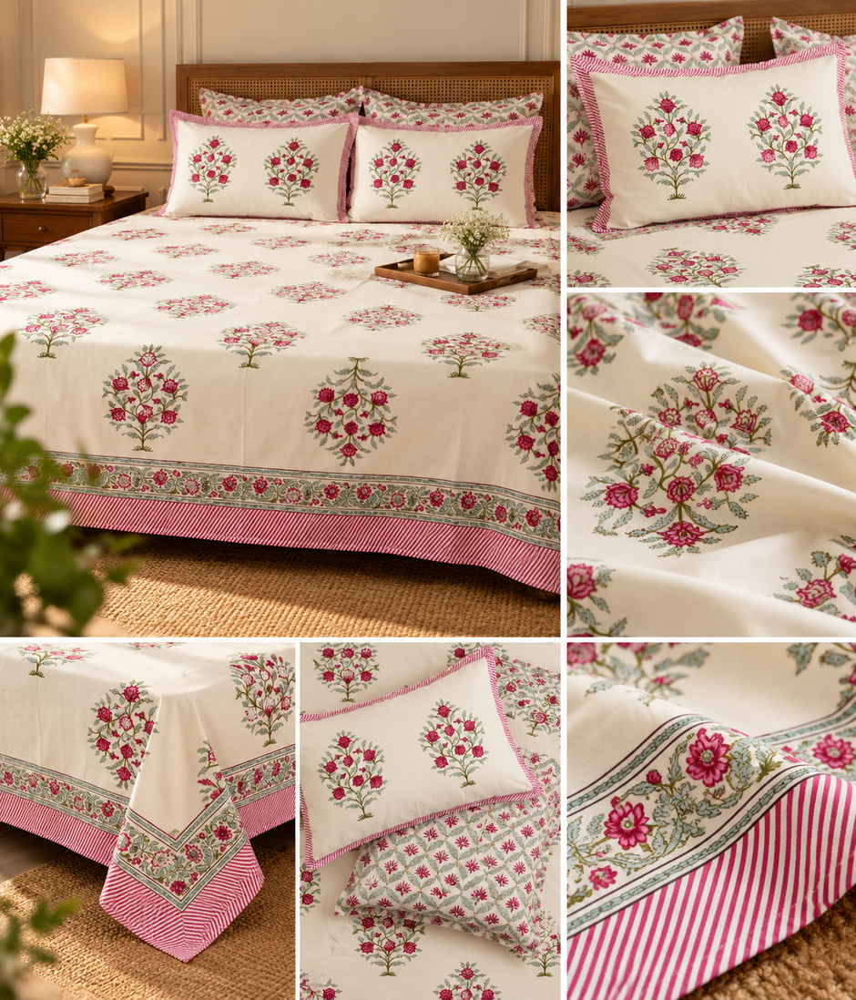 Gulbahar Rose Garden – Super King Size Bedsheet | 100% Pure Cotton | Floral Block Print Design