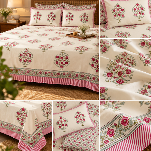 Gulbahar Rose Garden – Super King Size Bedsheet | 100% Pure Cotton | Floral Block Print Design