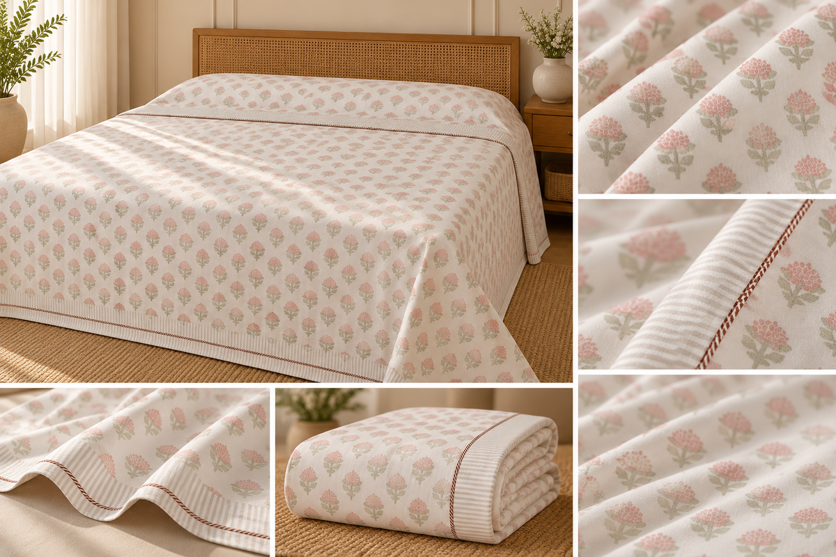Muslin Luxe Collection – Rosebud Charm Floral Muslin Dohar – Standard King Size (240 × 260 cm / 90 × 102 inches) | Muslin Cotton Outer Layer | Lightweight All-Season Comfort
