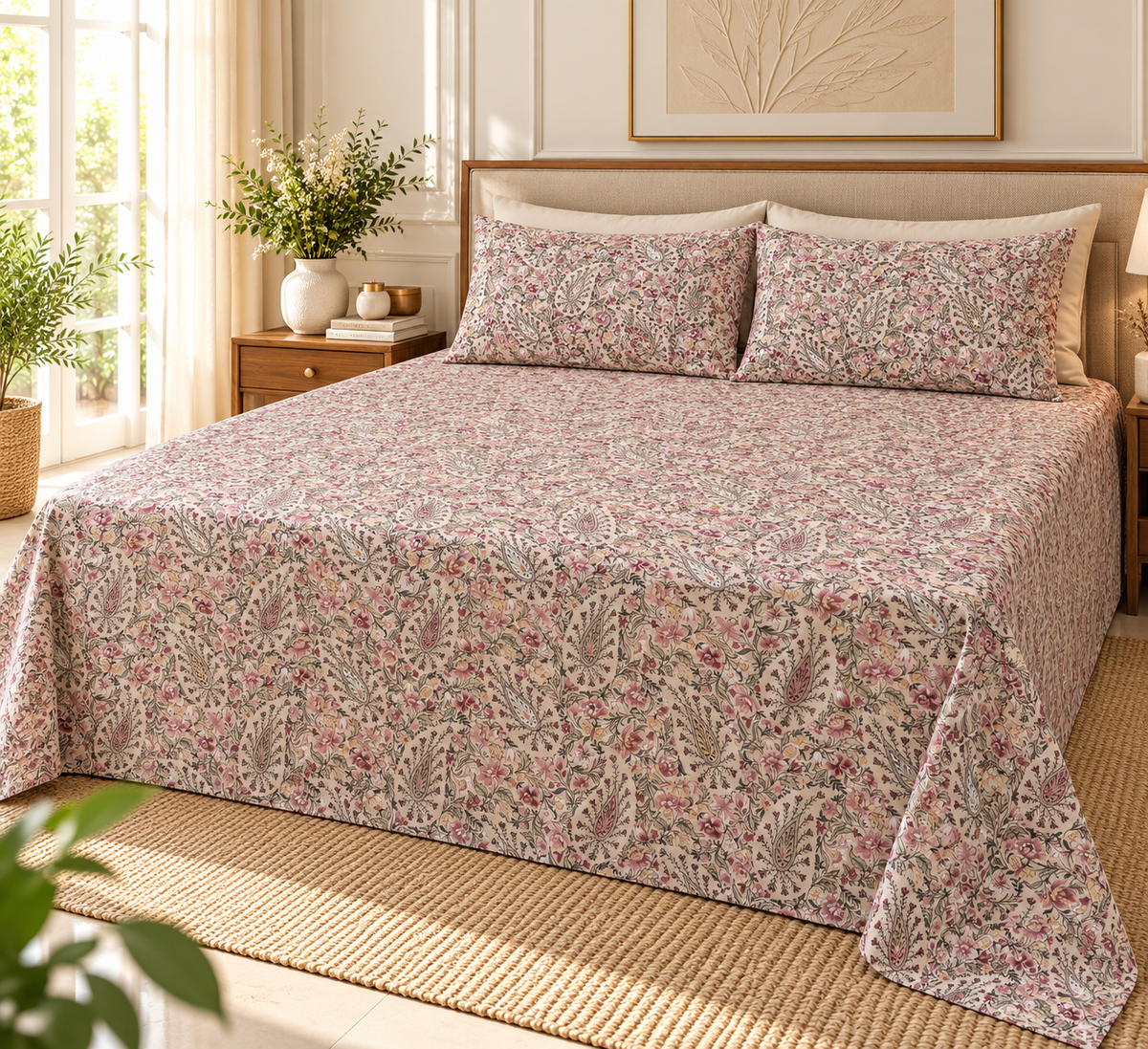 Rosewood Paisley Charm – Super King Size Bedsheet (270 × 270 cm) | Floral Paisley Print | 3-Piece Set