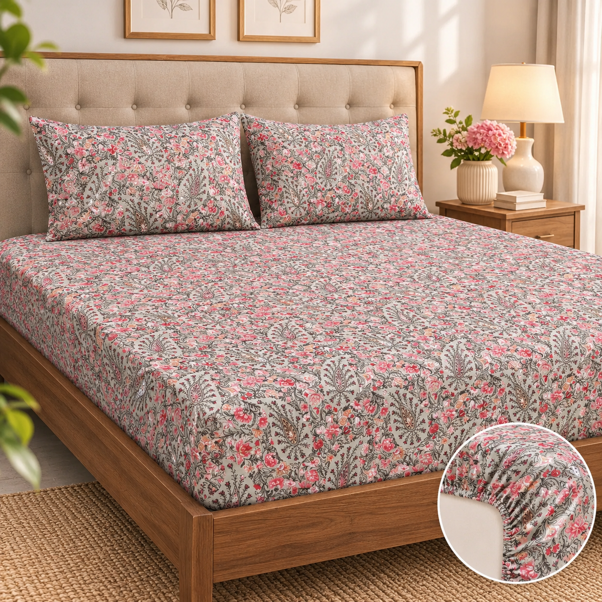 Rosewood Paisley Elegance – Super King Fitted Bedsheet (210 × 200 cm) | Includes 2 Pillow Covers