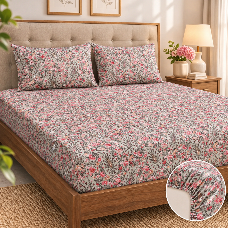 Rosewood Paisley Elegance – Super King Fitted Bedsheet (210 × 200 cm) | Includes 2 Pillow Covers