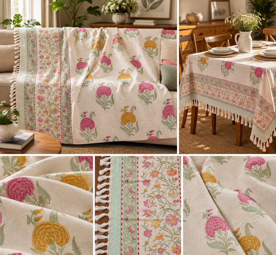 Gulabi Marigold Jute Slub Cotton Block Printed Multi-Use Throw – 175 × 130 cm | Sofa Throw, Table Cloth &amp; Decorative Home Layer