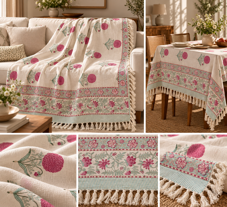 Gul Bahar Jute Slub Cotton Block Printed Multi-Use Throw