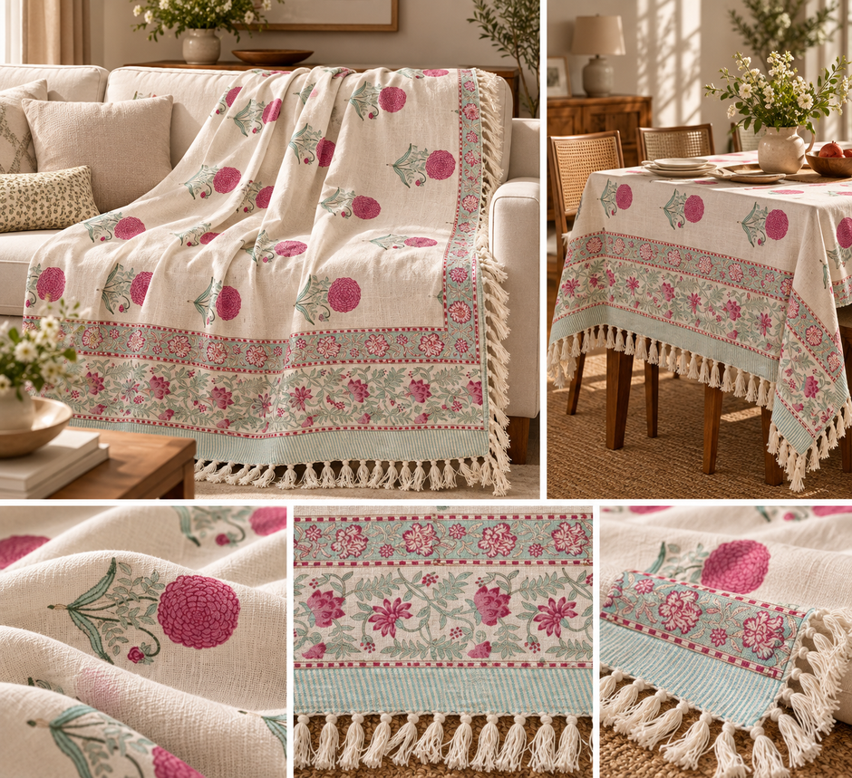 Gul Bahar Jute Slub Cotton Block Printed Multi-Use Throw – 175 × 130 cm | Sofa Throw, Table Cloth | Decorative Home Layer