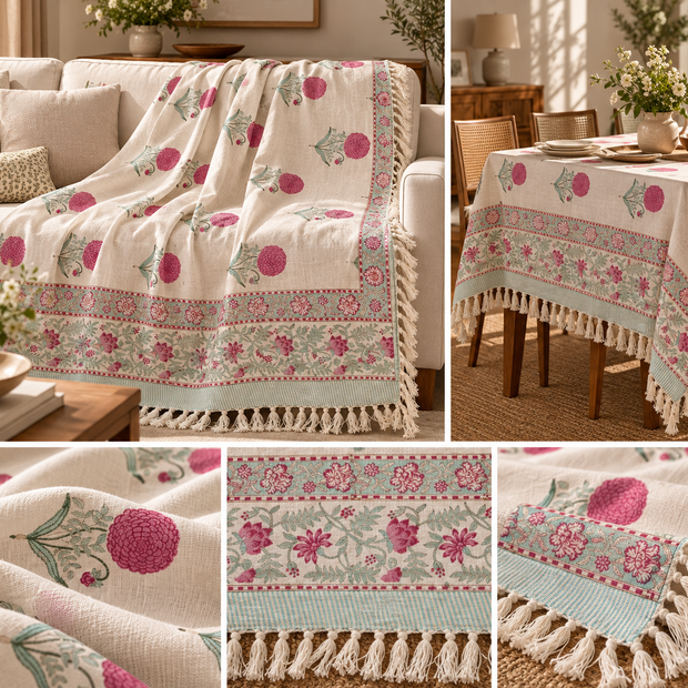 Gul Bahar Jute Slub Cotton Block Printed Multi-Use Throw – 175 × 130 cm | Sofa Throw, Table Cloth | Decorative Home Layer