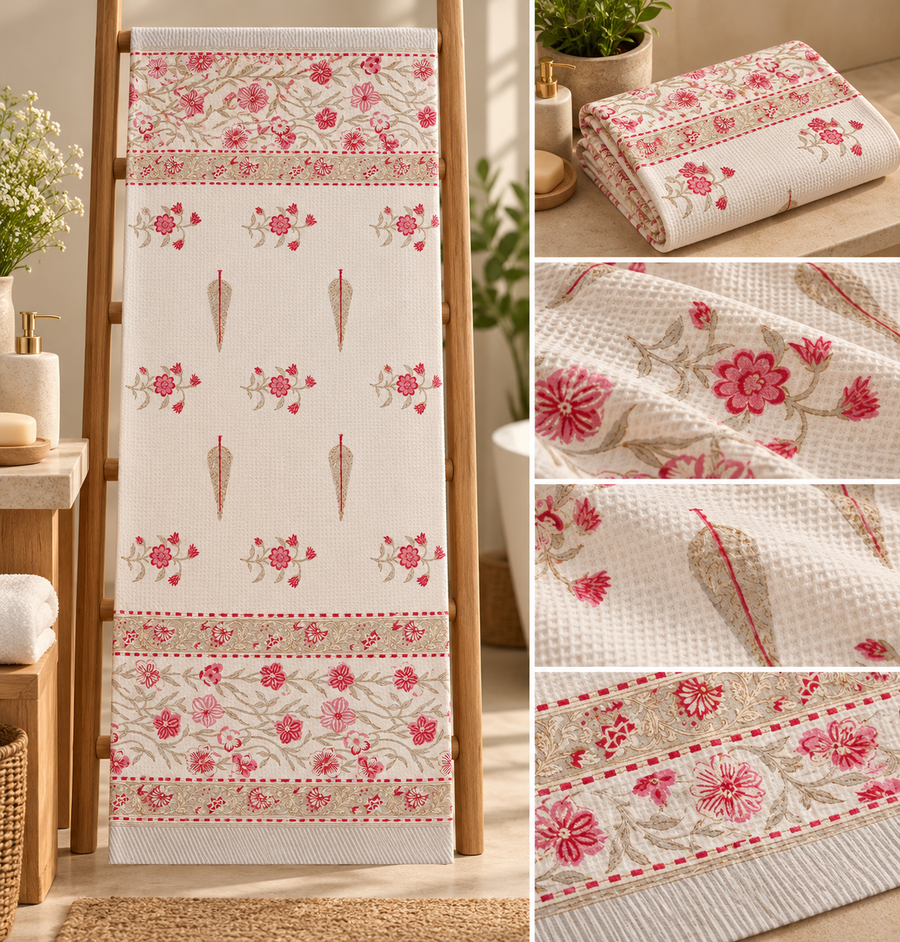Gulabi Gulnaar Jaipur Hand Block Printed Cotton Waffle Bath Towel