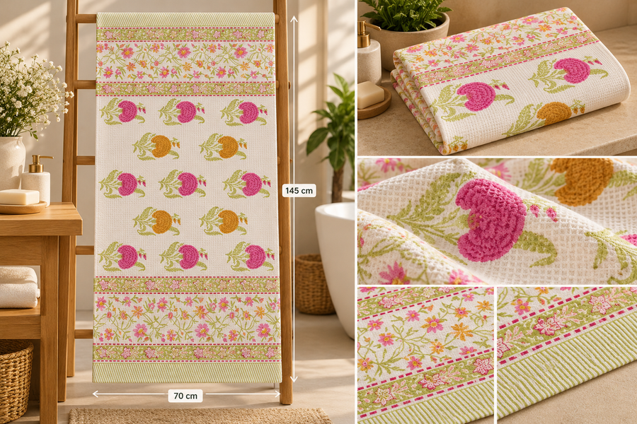 Gulabi Kesari Hand Block Printed Cotton Waffle Bath Towel