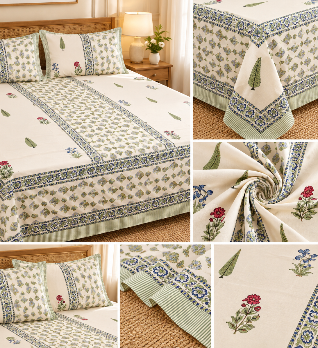 Ivory Gulbahar Garden – Super King Size Bedsheet (274 × 274 cm) | Jaipuri Cotton | Includes 2 Pillow Covers