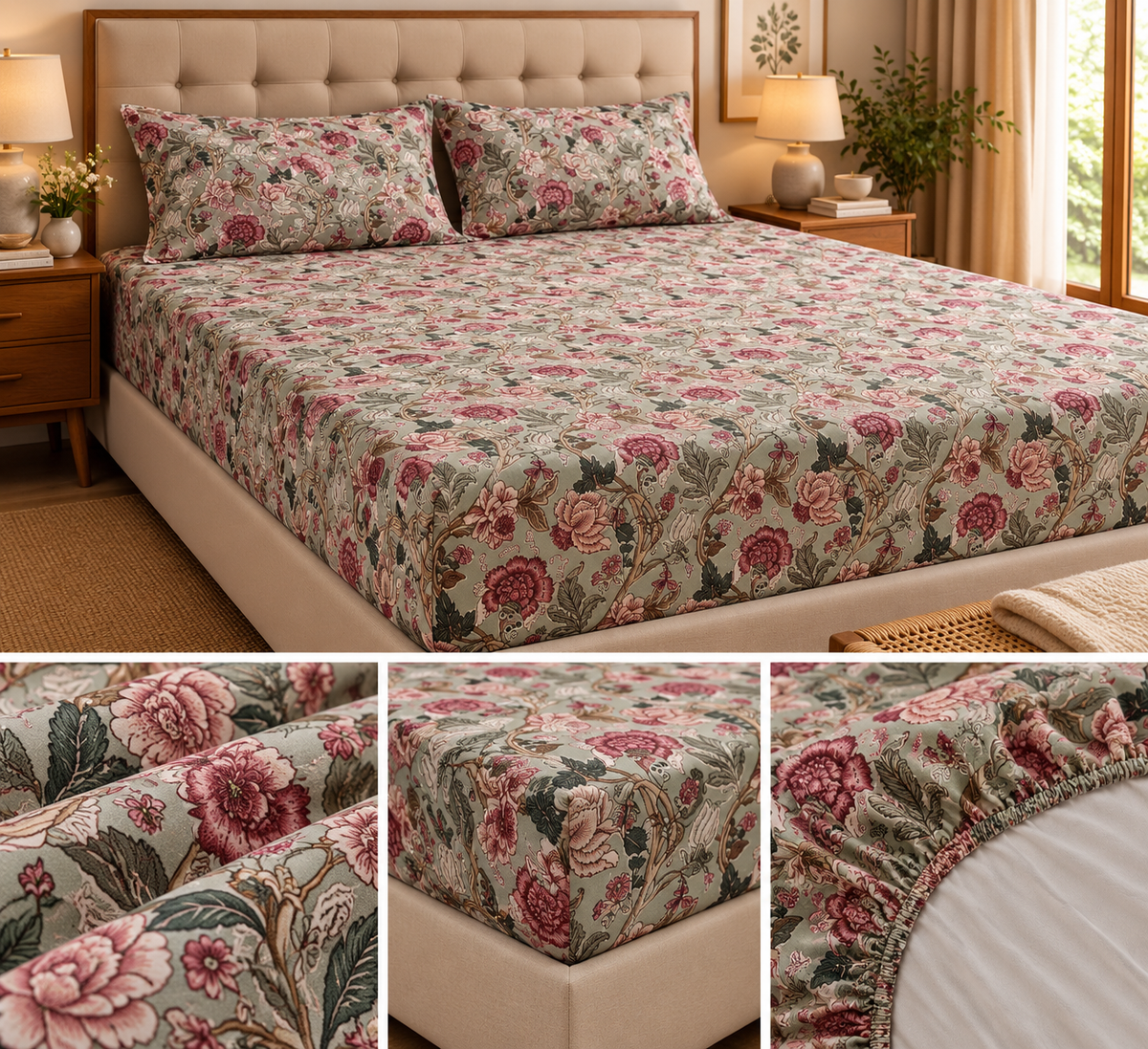 Sagewood Blossom – Super King Size Fitted Bedsheet (210 × 200 cm) | 100% Jaipuri Cotton | 30 cm Depth | Includes 2 Quilted Pillow Covers