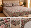 Sagewood Blossom – Super King Size Fitted Bedsheet (210 × 200 cm) | 100% Jaipuri Cotton | 30 cm Depth | Includes 2 Quilted Pillow Covers
