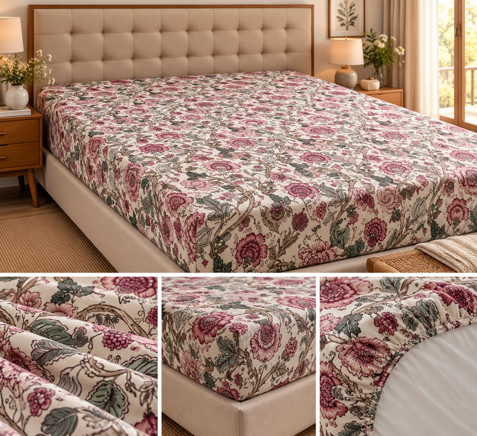 Gulnaar Blossom Haven – King Size Fitted Bedsheet (210 × 200 cm) | 100% Cotton | 30 cm Depth | Includes 2 Quilted Pillow Covers