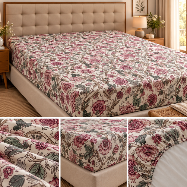 Gulnaar Blossom Haven – King Size Fitted Bedsheet (210 × 200 cm) | 100% Cotton | 30 cm Depth | Includes 2 Quilted Pillow Covers