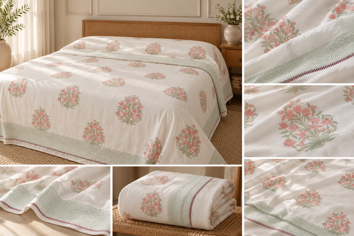 Muslin Luxe Collection – Rose Meadow Botanical Muslin Dohar – Standard King Size (240 × 260 cm / 90 × 102 inches) | Muslin Cotton Outer Layer | Lightweight All-Season Comfort