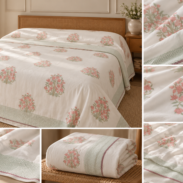 Muslin Luxe Collection – Rose Meadow Botanical Muslin Dohar – Standard King Size (240 × 260 cm / 90 × 102 inches) | Muslin Cotton Outer Layer | Lightweight All-Season Comfort