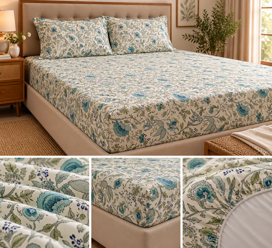 Teal Coastal Anokhi Blossom – King Size Fitted Sheet (210 × 200 cm + 30 cm Depth) | 100% Jaipuri Cotton | Includes 2 Pillow Covers