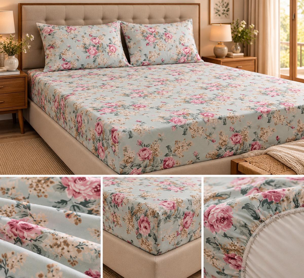 Blush Meadow Floral – King Size Fitted Sheet (210 × 200 cm + 30 cm Depth) | 100% Pure Cotton | Includes 2 Quilted Pillow Covers