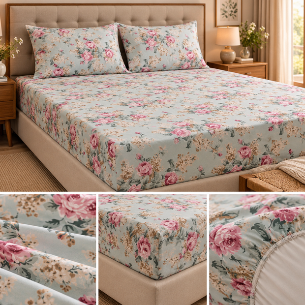 Blush Meadow Floral – King Size Fitted Sheet (210 × 200 cm + 30 cm Depth) | 100% Pure Cotton | Includes 2 Quilted Pillow Covers