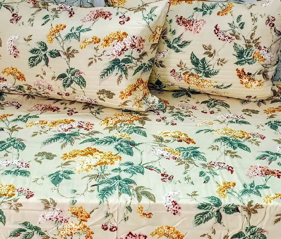Soft Beige Botanical Bloom – Super King Size Bedsheet (274 x 274 cm) | 100% Jaipuri Cotton | Includes 2 Pillow Covers