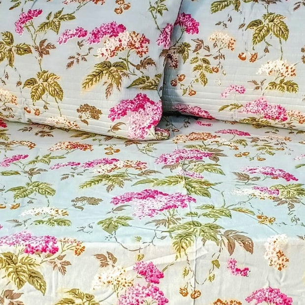 Super King Size Jaipuri Cotton Bedsheet – Mint Green with Botanical Bloom