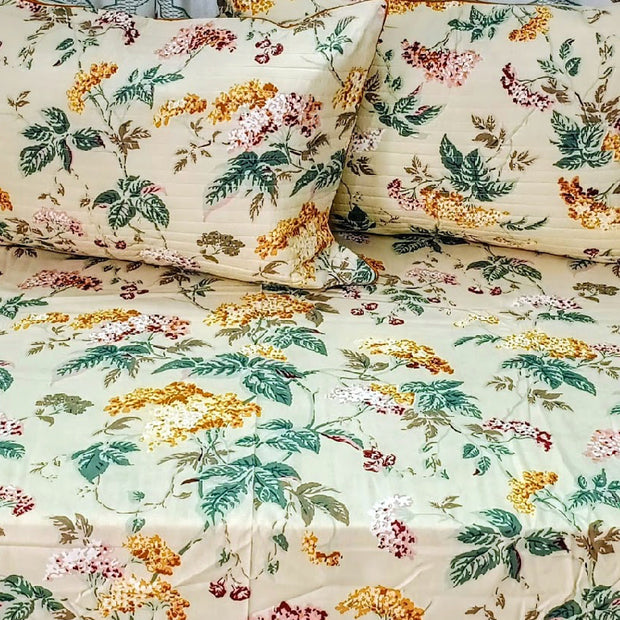 Super King Size Jaipuri Cotton Bedsheet – Soft Beige with Botanical Bloom