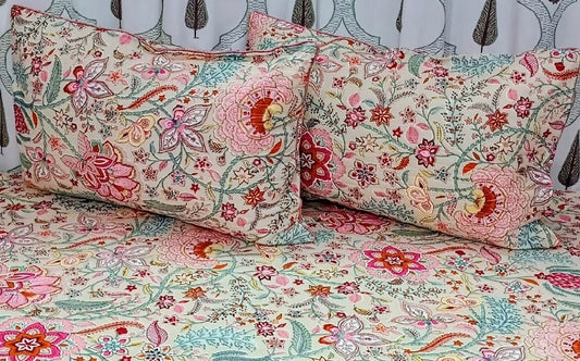 Super king size Jaipuri Cotton bedhseet - Pink Bloom