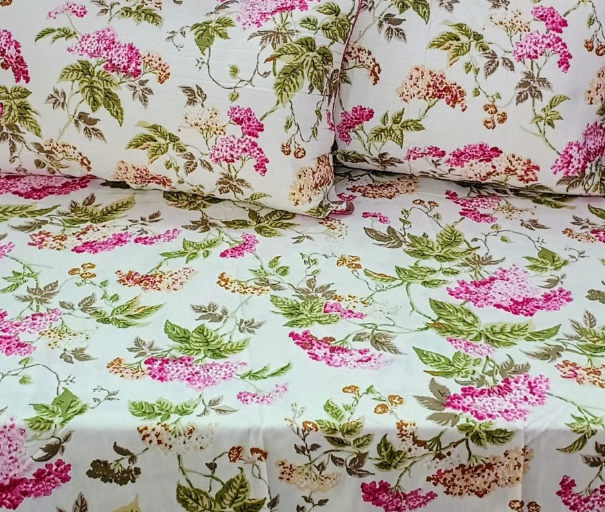 Soft Beige Botanical Bloom – Super King Size Block Print Bedsheet (274 x 274 cm) | 100% Jaipuri Cotton | Includes 2 Pillow Covers