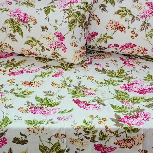 Super King Size Jaipuri Cotton Bedsheet – Soft Beige with Botanical Bloom