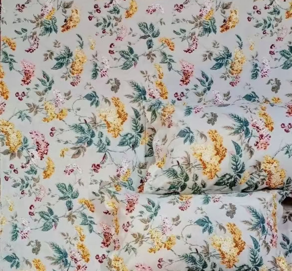 Soft Beige Botanical Bloom – Super King Size Bedsheet (274 x 274 cm) | 100% Jaipuri Cotton | Includes 2 Pillow Covers