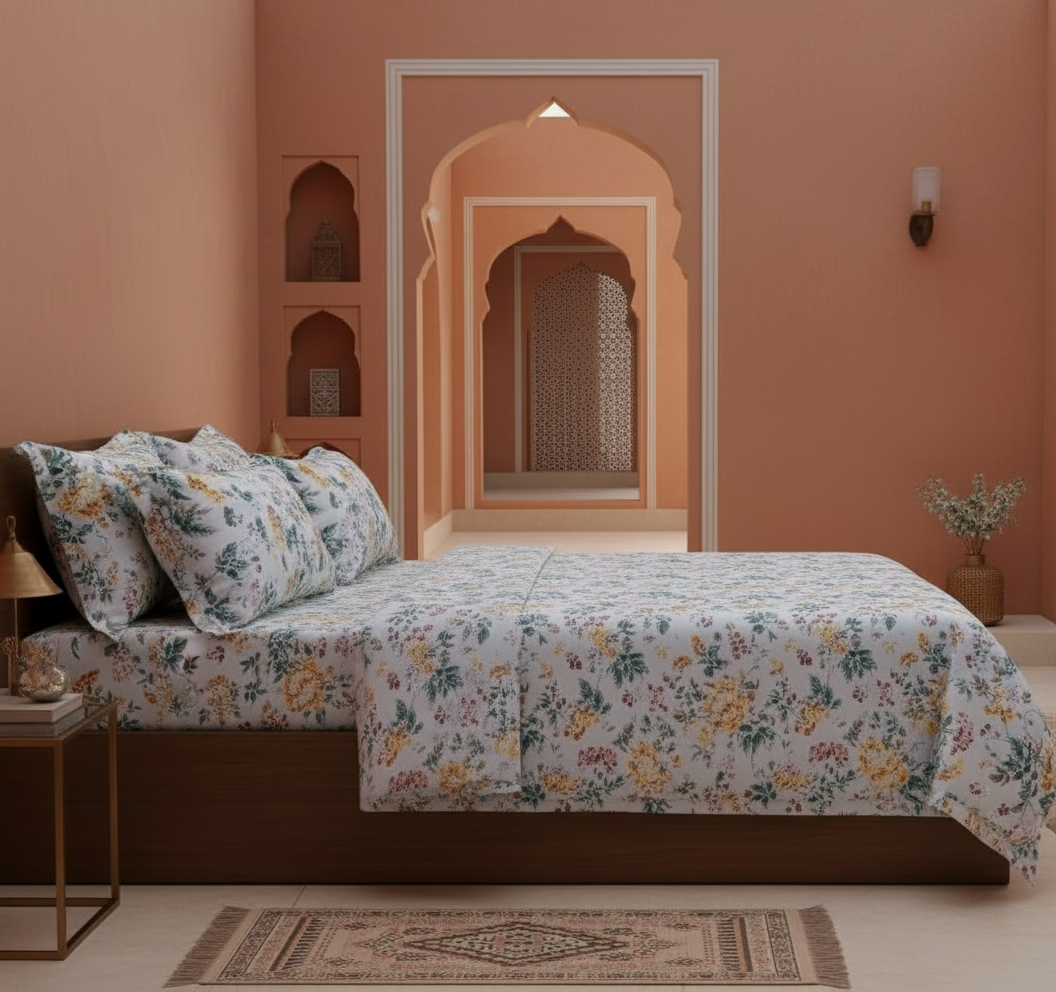 Soft Beige Botanical Bloom – Super King Size Bedsheet (274 x 274 cm) | 100% Jaipuri Cotton | Includes 2 Pillow Covers