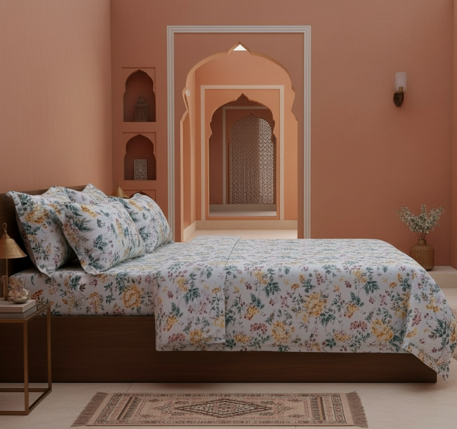 Soft Beige Botanical Bloom – Super King Size Bedsheet (274 x 274 cm) | 100% Jaipuri Cotton | Includes 2 Pillow Covers