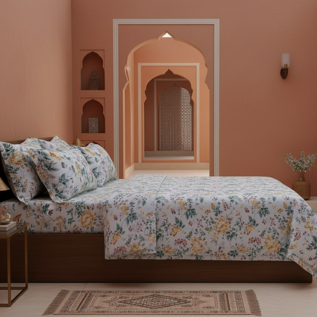 Soft Beige Botanical Bloom – Super King Size Bedsheet (274 x 274 cm) | 100% Jaipuri Cotton | Includes 2 Pillow Covers