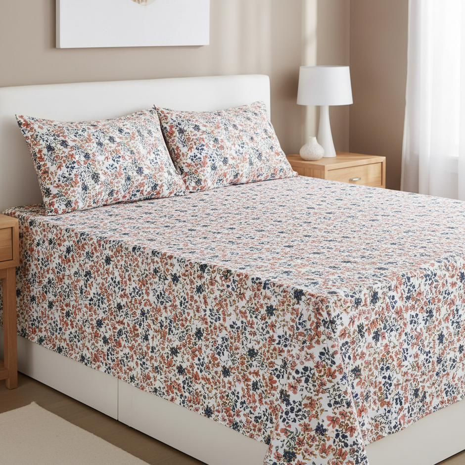 Vine Floral – Super King Size Bedsheet (274 x 274 cm) | 100% Tencel Cotton | Includes 2 Pillow Covers