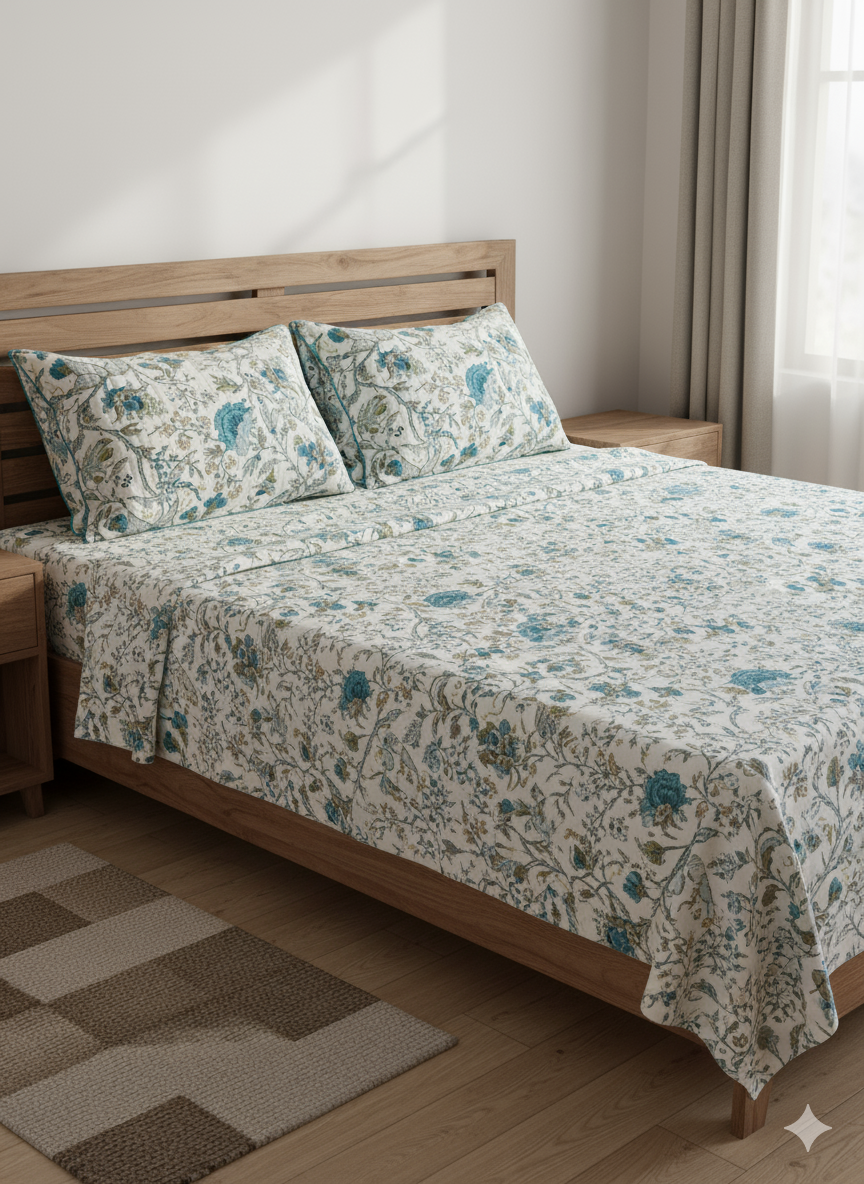 Aqua Blossom Weave Bedsheet - Super King size with 2 Pillow Covers