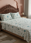 Teal Coastal Anokhi Blossom – Super King Size Jaipuri Cotton Bedsheet (270 x 270 cm) | Includes 2 Pillow Covers