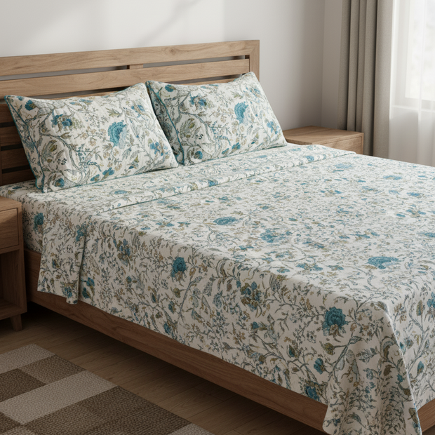Aqua Blossom Weave Bedsheet - Super King size with 2 Pillow Covers