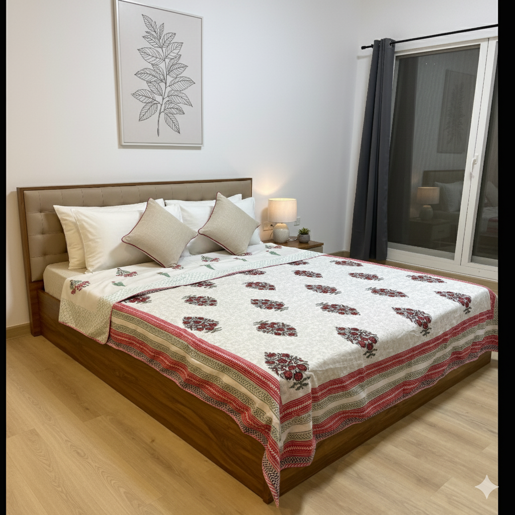 Noor Dohar - Reversible Pure Malmal Muslin Cotton Dohar AC Quilt - King Size, Block Print