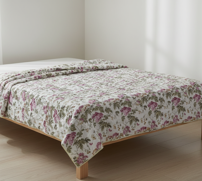 Pink Bloom Dohar (Single Size, Set of 2) | Malmal Muslin Cotton | Lightweight & Breathable